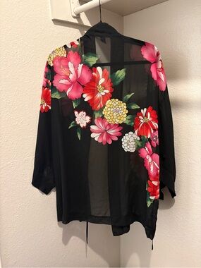 Victoria's Secret Black Sheer Floral Kimono with Pink, Red & Green Bloom